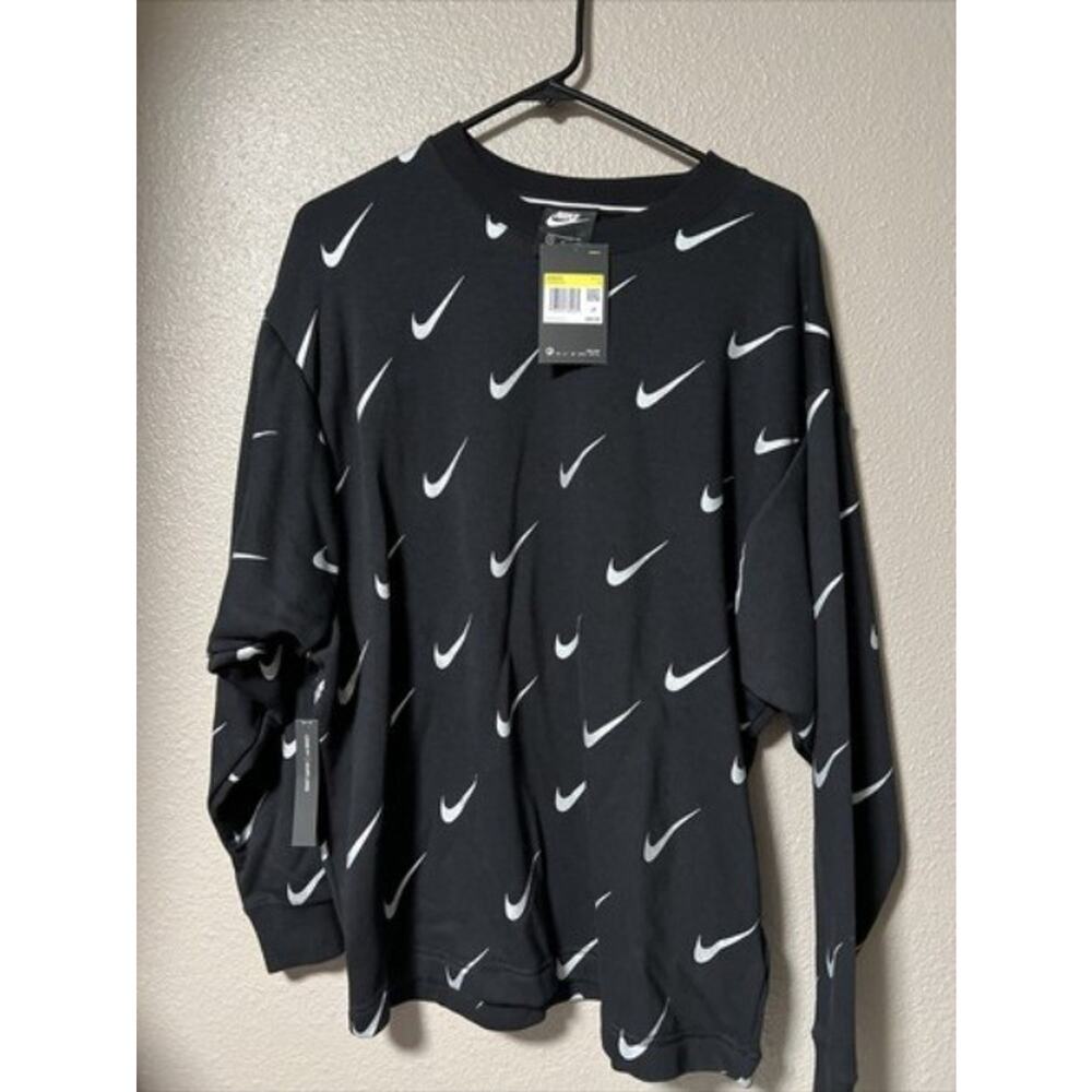 Nike Wmns SWOOSH CREWNECK SWEATSHIRT Blk/Metallic/Silv CJ5020-010 NEW Sz Small